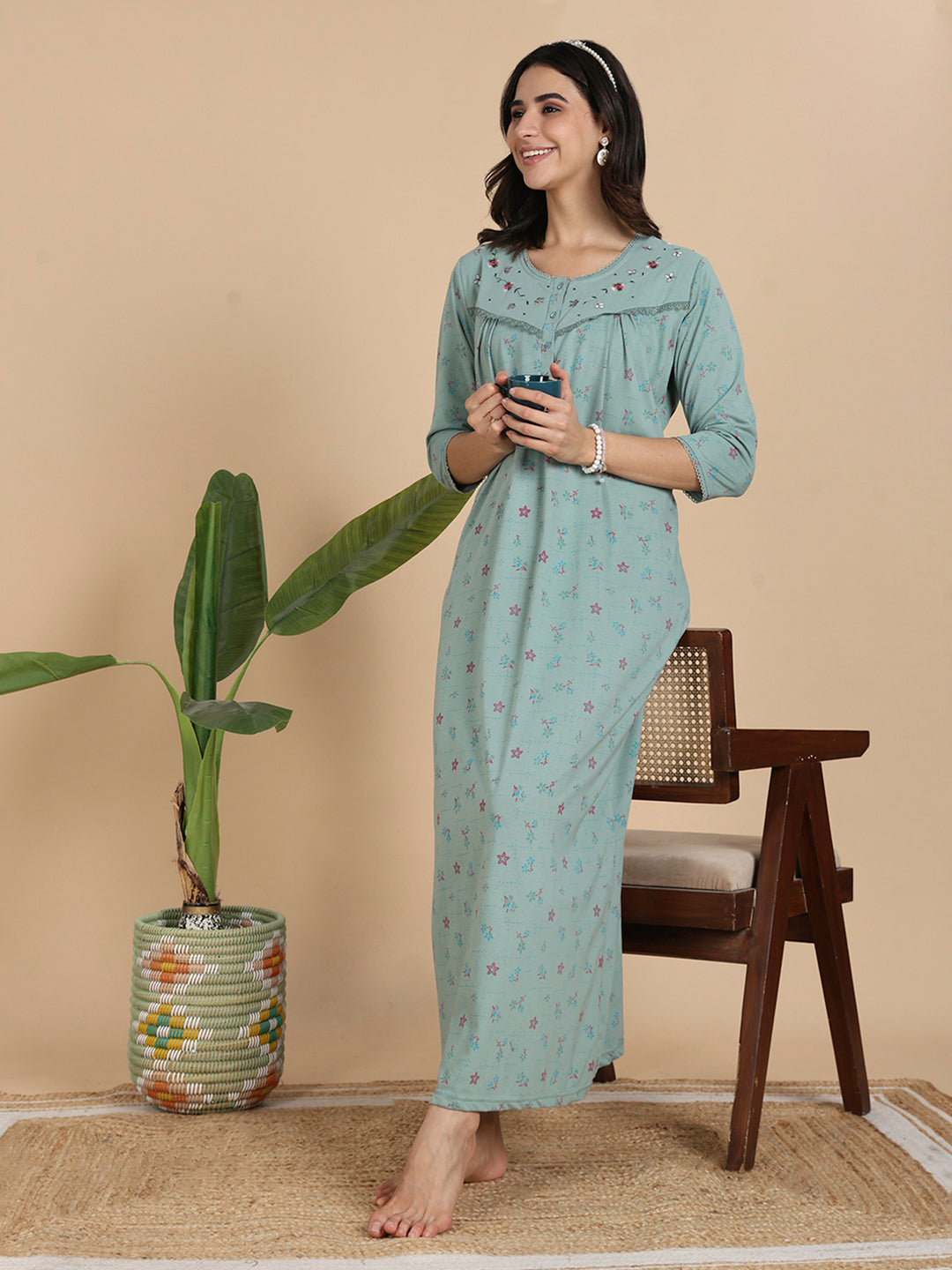 Ocean Mint Cotton Blend Front Open Nighty with Pocket And Feeding Buttons