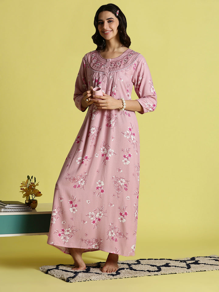 Candy Pink Embroidered Best Alpine Nighty for Women