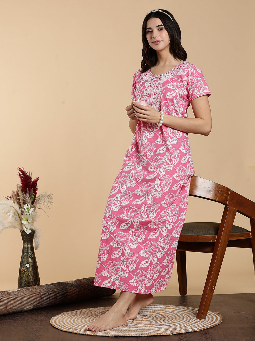 Blush Pink Embroidered Pure Cotton Nighty for Women