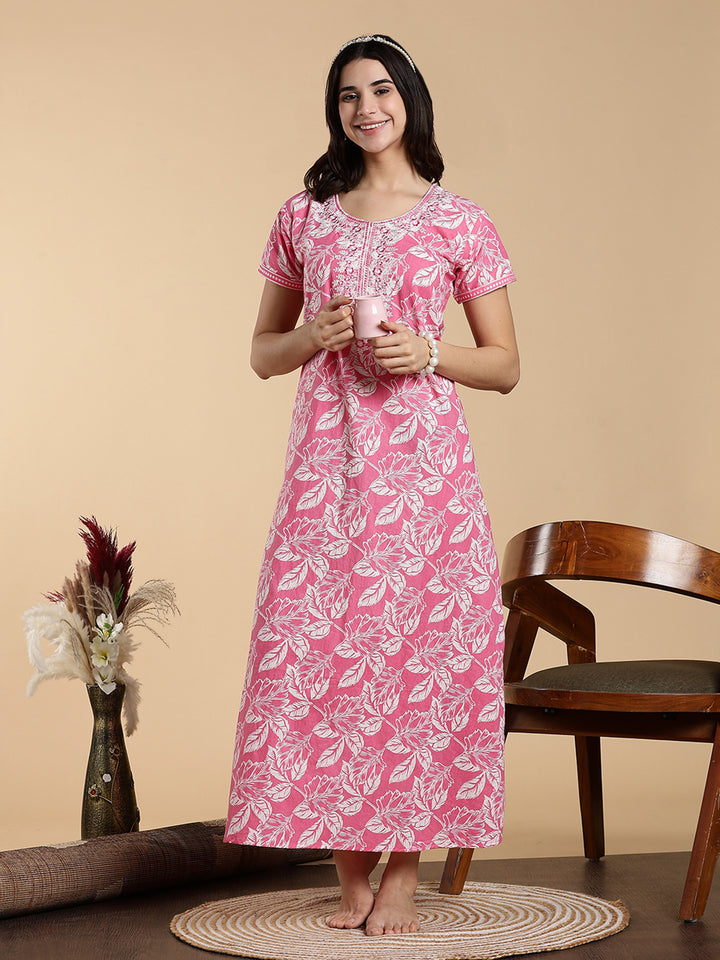Blush Pink Embroidered Pure Cotton Nighty for Women