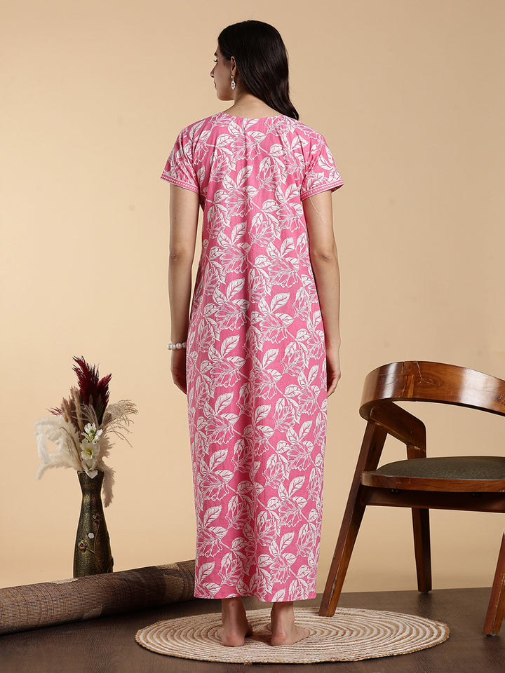 Blush Pink Embroidered Pure Cotton Nighty for Women