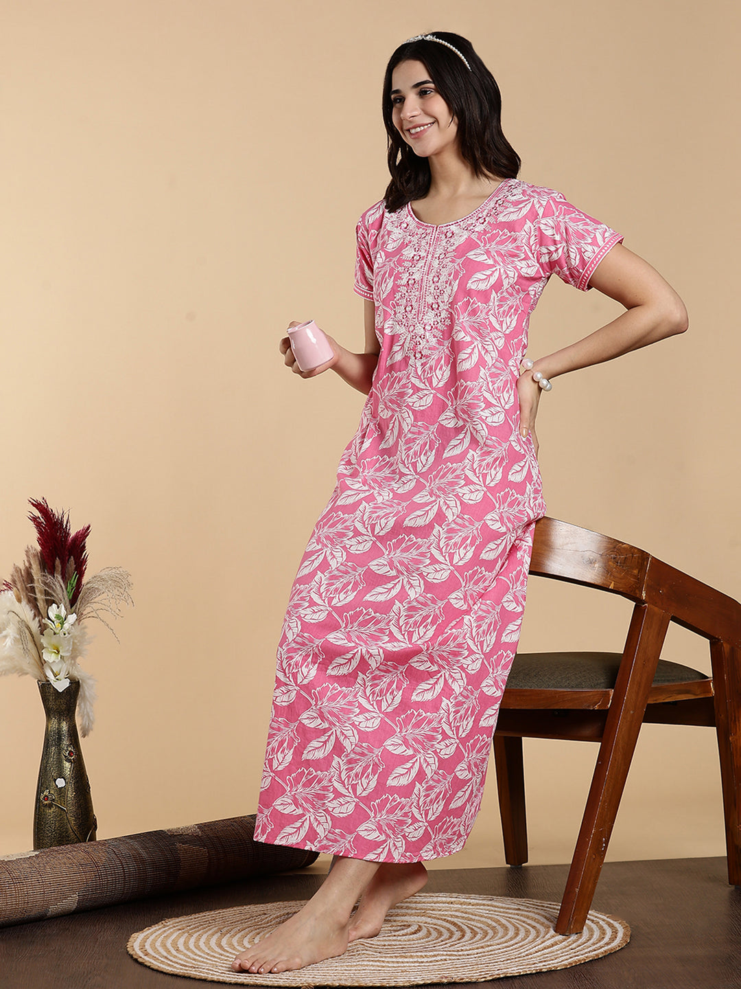 Blush Pink Embroidered Pure Cotton Nighty for Women