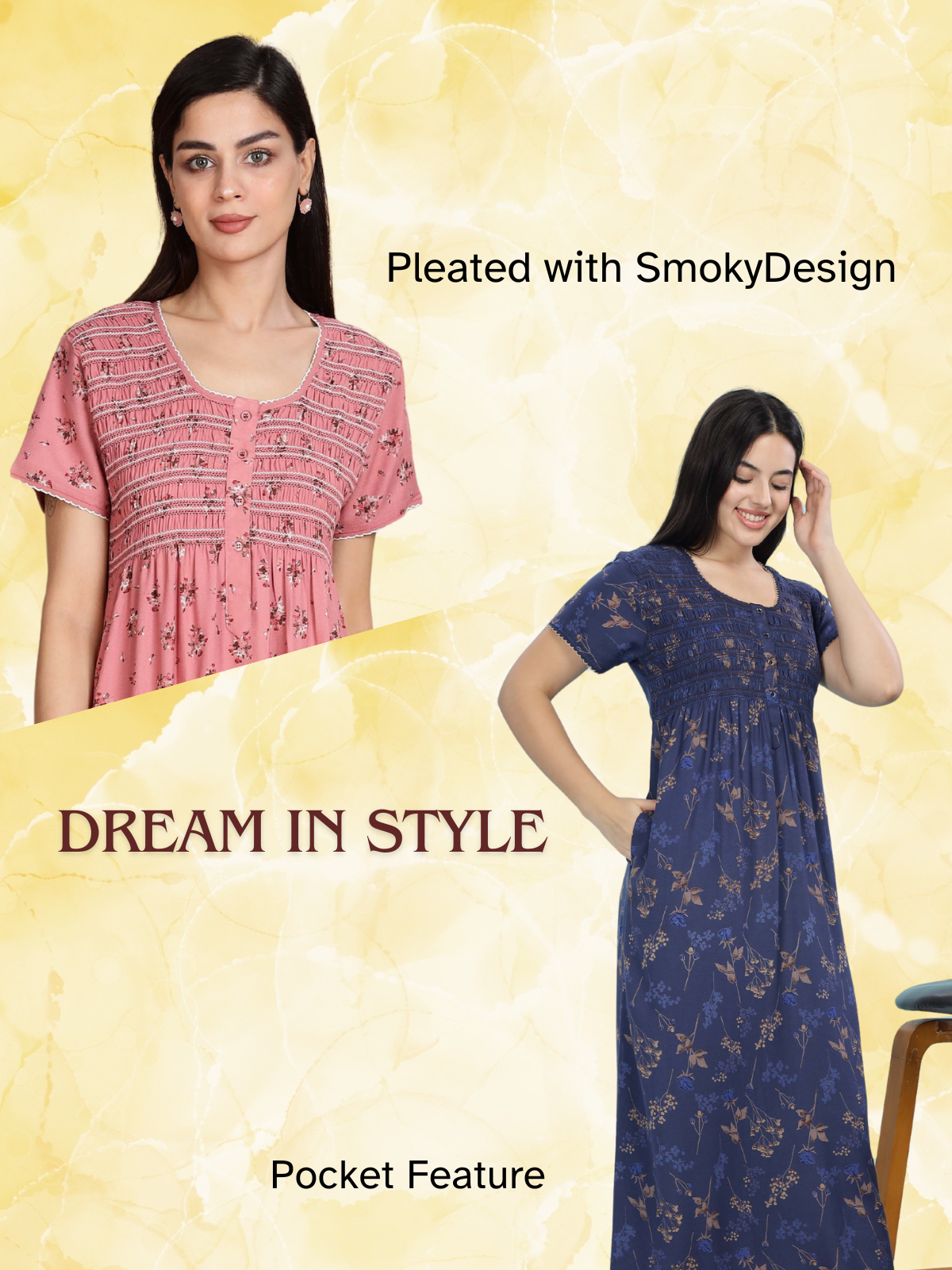 Stylish pink and navy designer nighty for women featuring smoky pleats and side pocket, perfect for nightwear comfort
