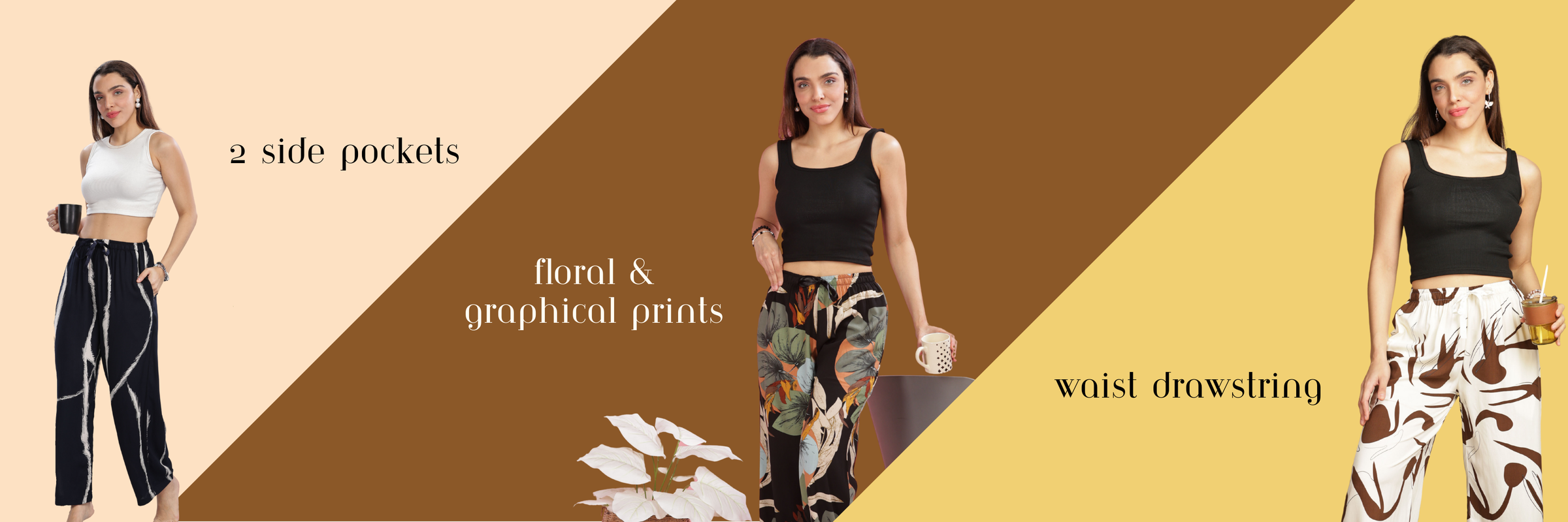 Women showcasing rayon palazzo pants featuring side pockets, floral and graphical prints, and adjustable waist drawstrings, displayed against a color-blocked background.