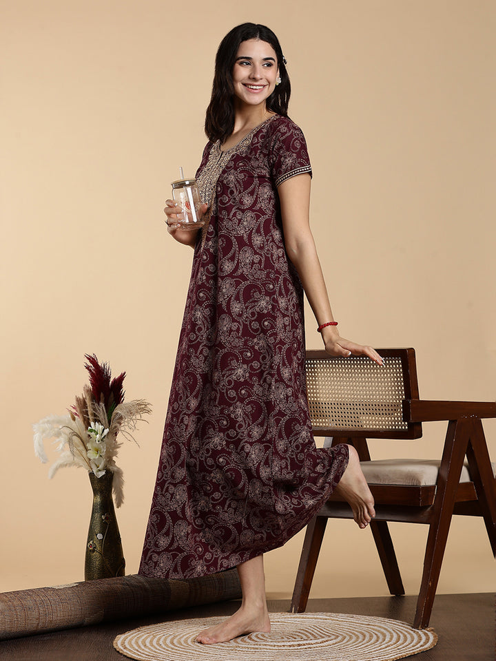 Festive Purple Shine Jaipuri Cotton Nighty for Women