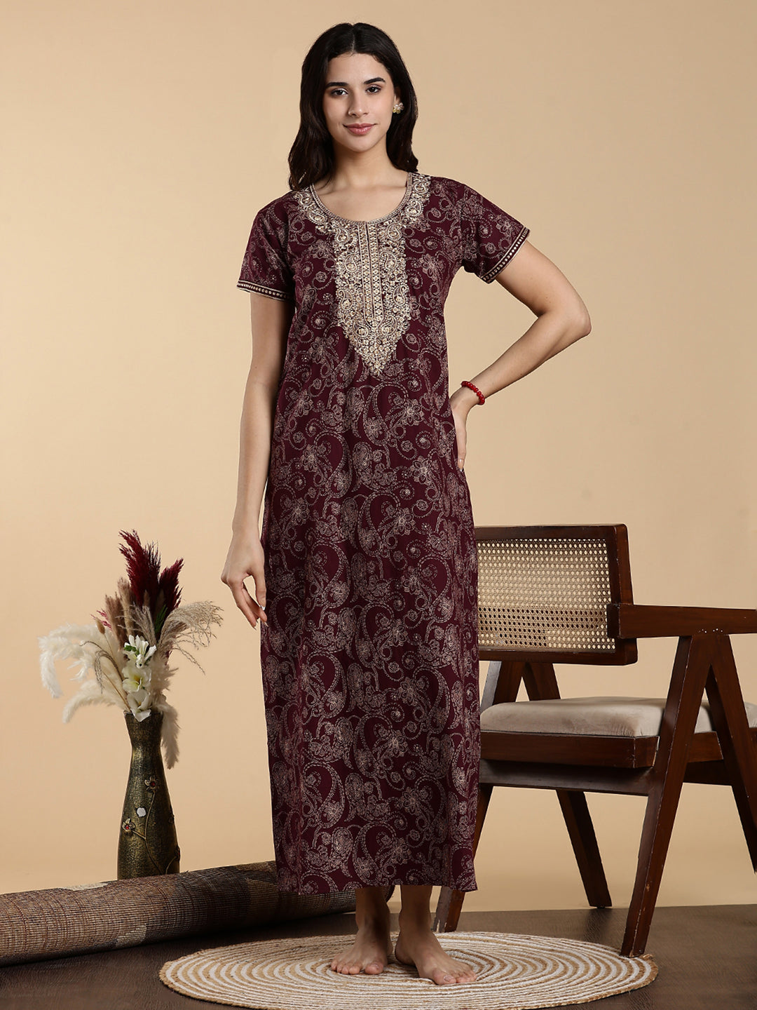 Festive Purple Shine Jaipuri Cotton Nighty for Women