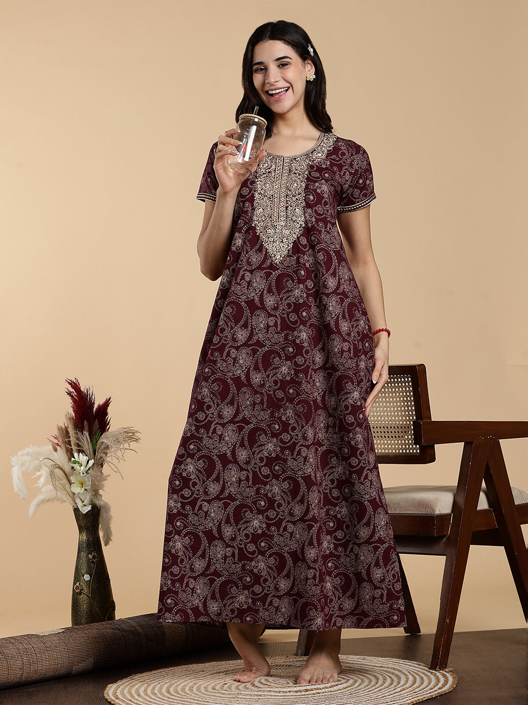 Festive Purple Shine Jaipuri Cotton Nighty for Women