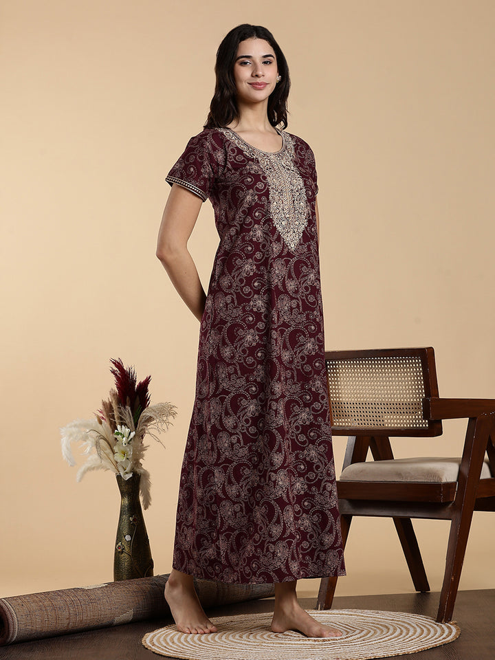 Festive Purple Shine Jaipuri Cotton Nighty for Women