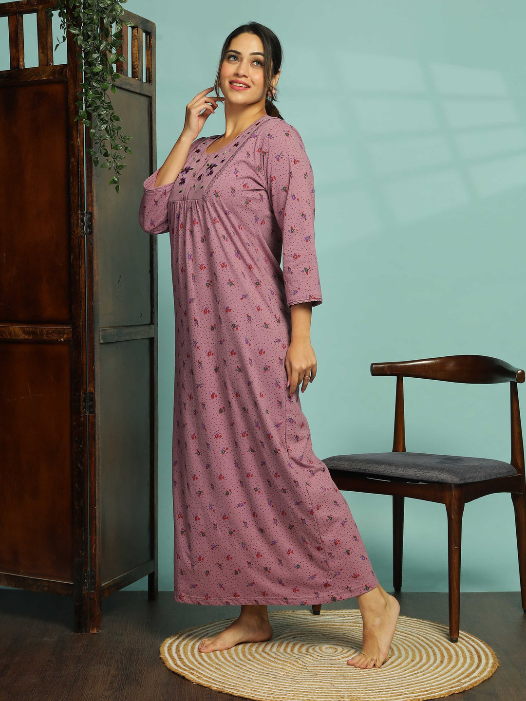Purple Floral Embroidered Nighty for Women With Pocket
