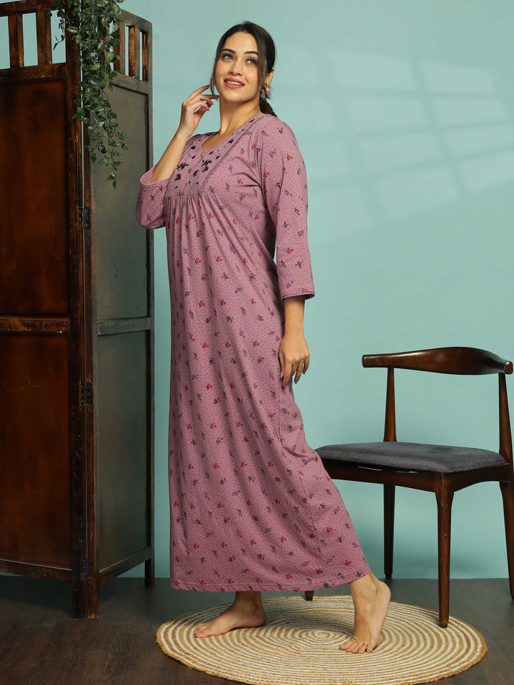 Purple Floral Embroidered Nighty for Women With Pocket
