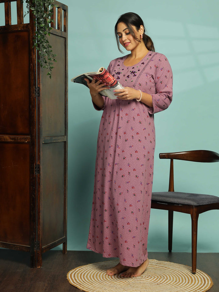 Purple Floral Embroidered Nighty for Women With Pocket