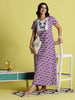 Purple Cotton Nightdress with Lace Neckline and Side Pocket