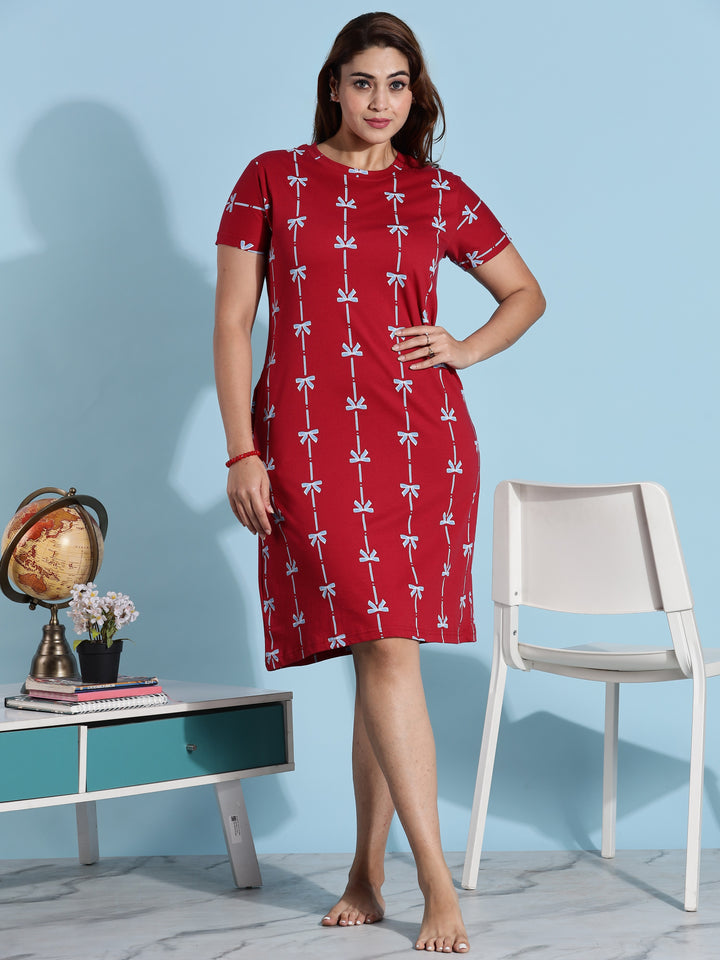 Premium Ribbon Red Cotton Short Nighty for Ladies