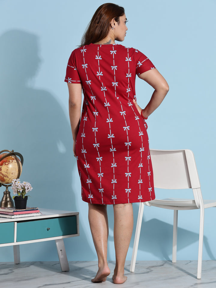 Premium Ribbon Red Cotton Short Nighty for Ladies