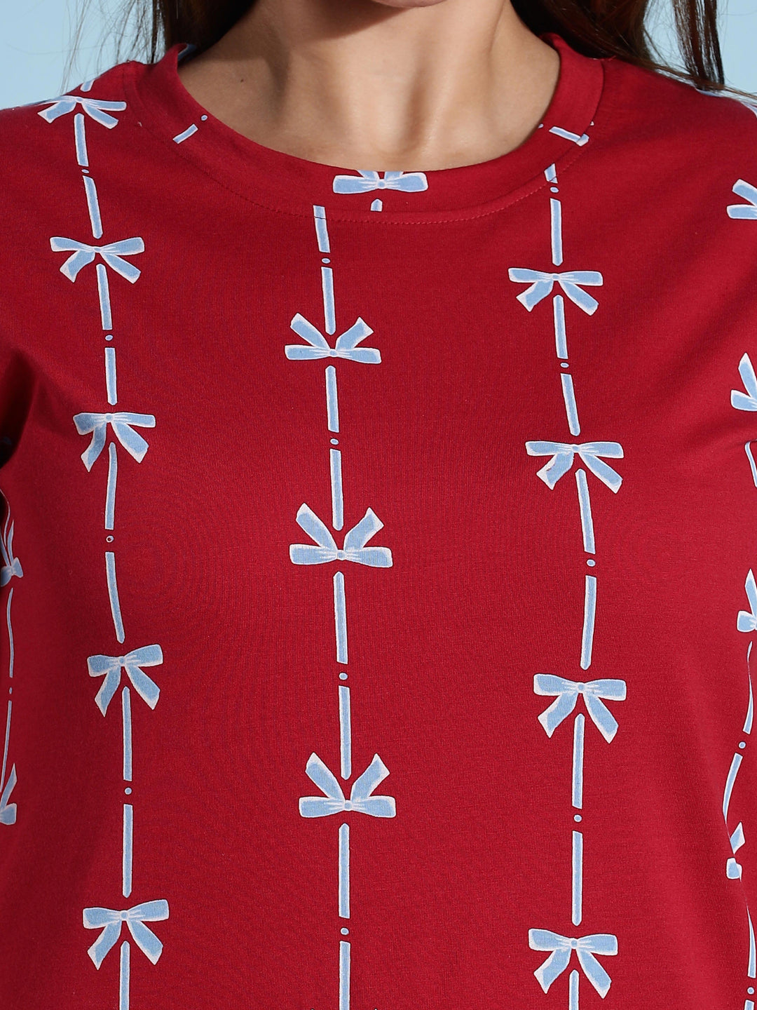 Premium Ribbon Red Cotton Short Nighty for Ladies