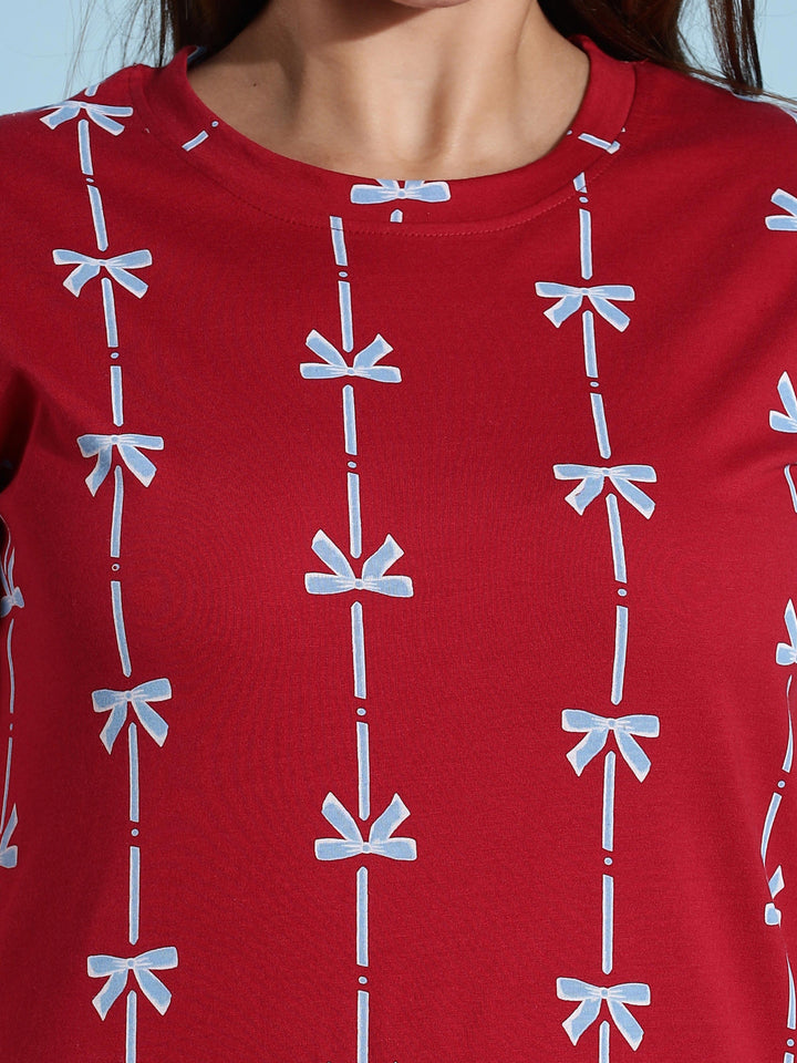Premium Ribbon Red Cotton Short Nighty for Ladies