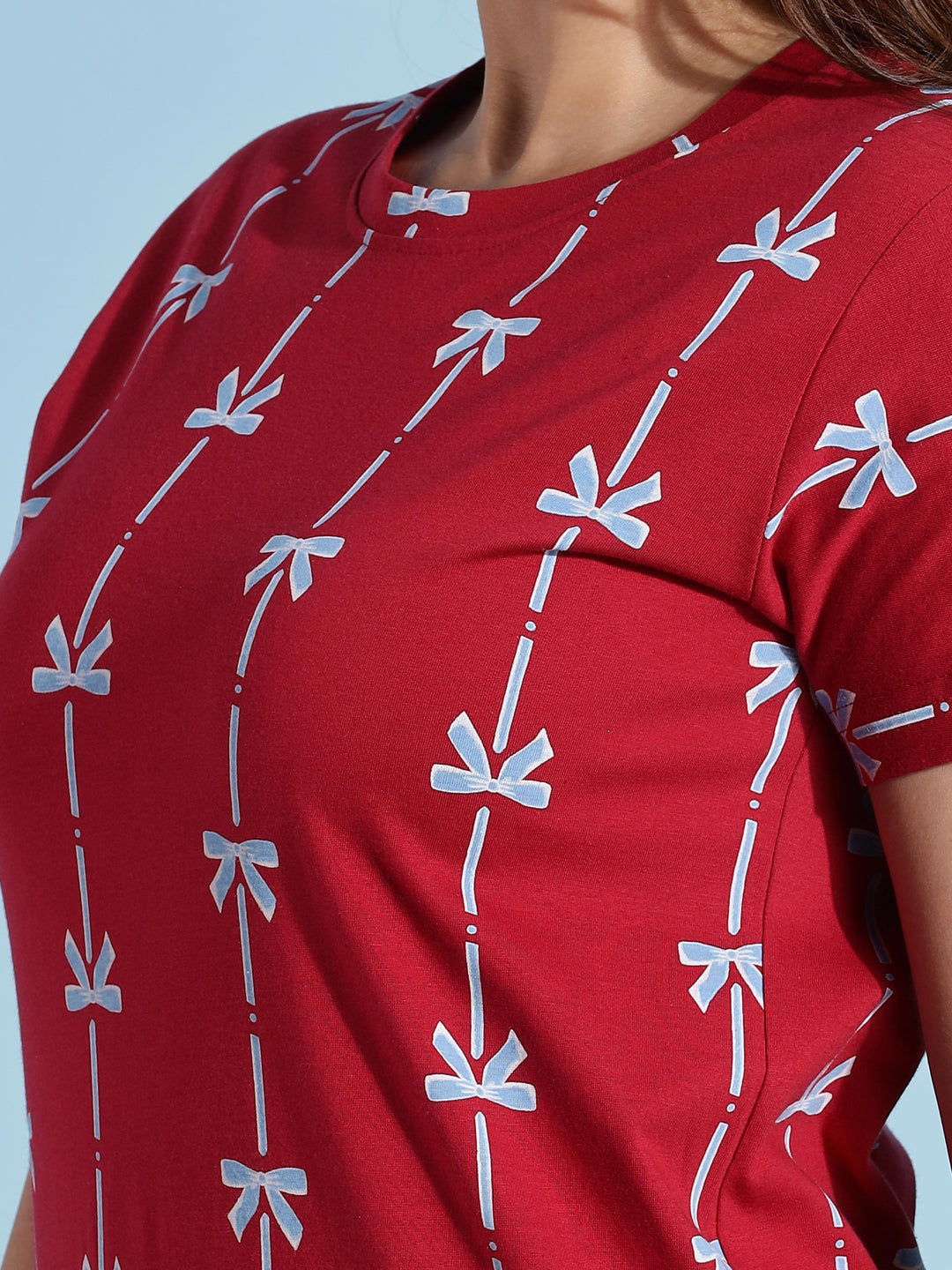 Premium Ribbon Red Cotton Short Nighty for Ladies