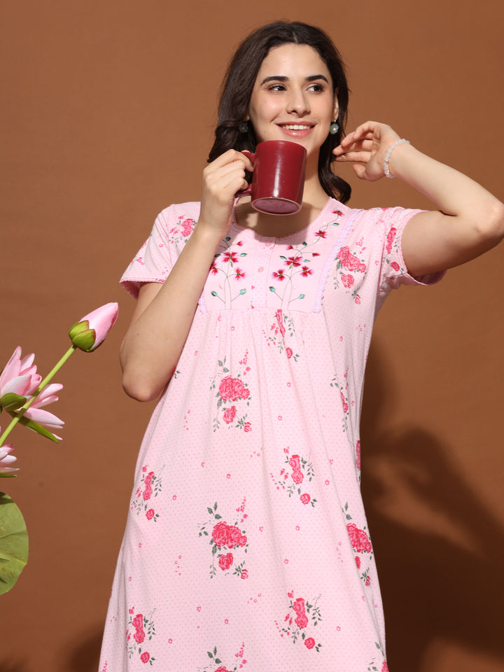 Rose Pink Cotton Blend Front Open Nighty for Women