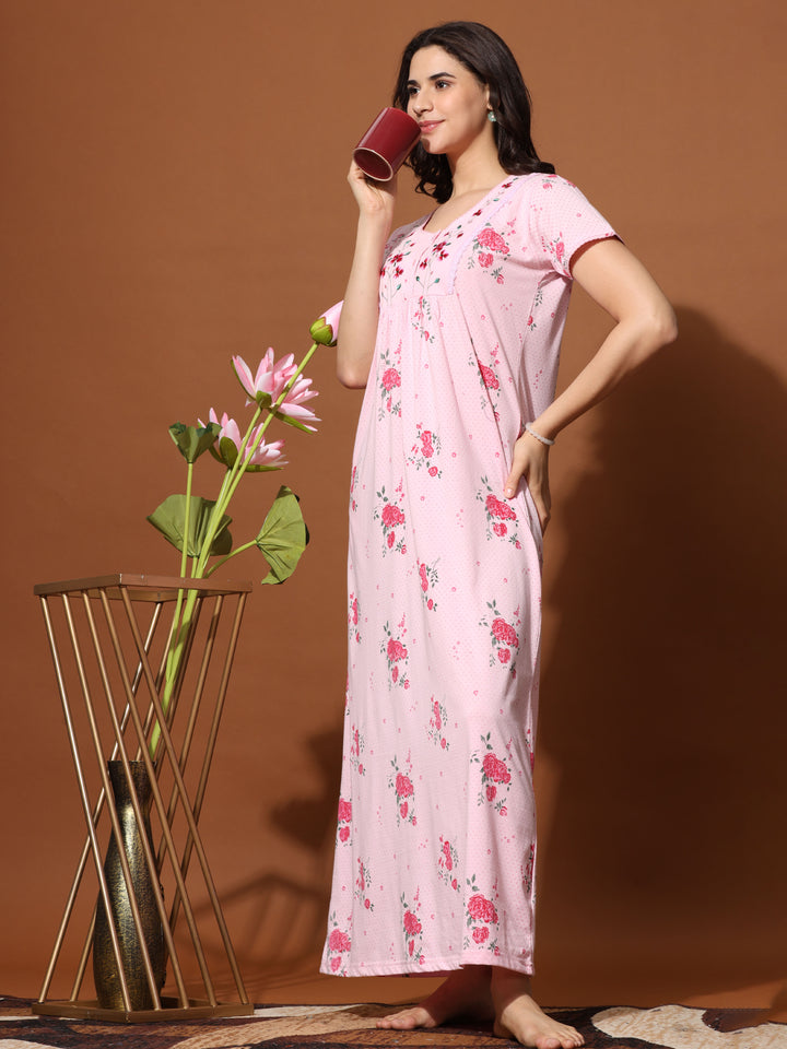 Rose Pink Cotton Blend Front Open Nighty for Women