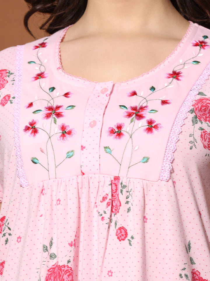 Rose Pink Cotton Blend Front Open Nighty for Women
