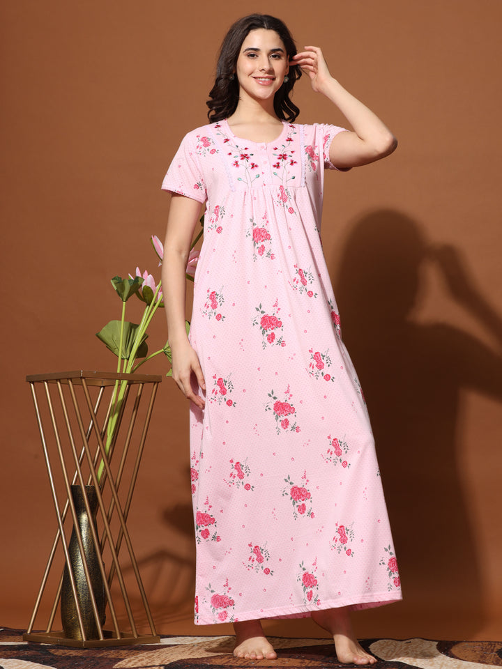 Rose Pink Cotton Blend Front Open Nighty for Women