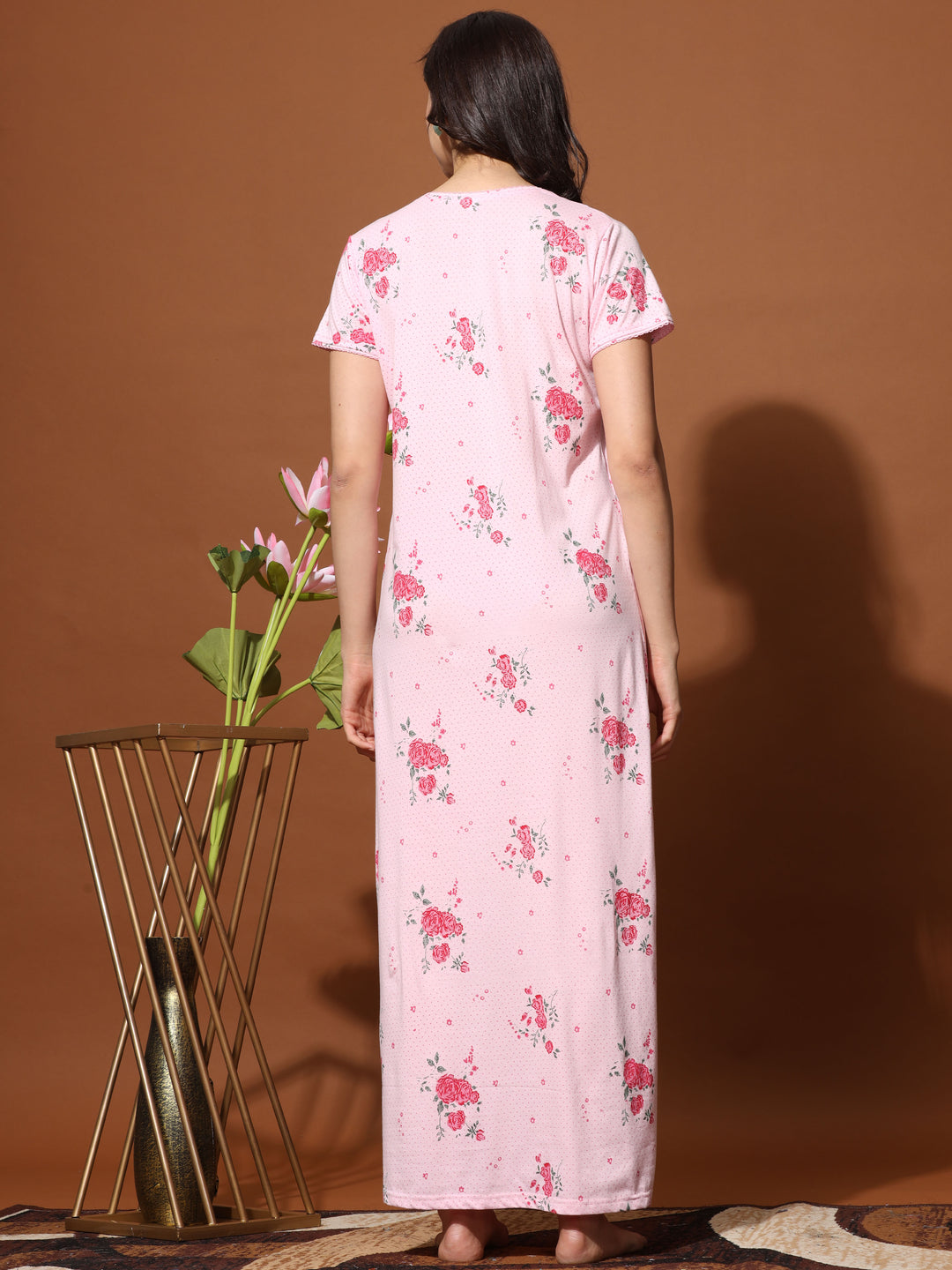 Rose Pink Cotton Blend Front Open Nighty for Women