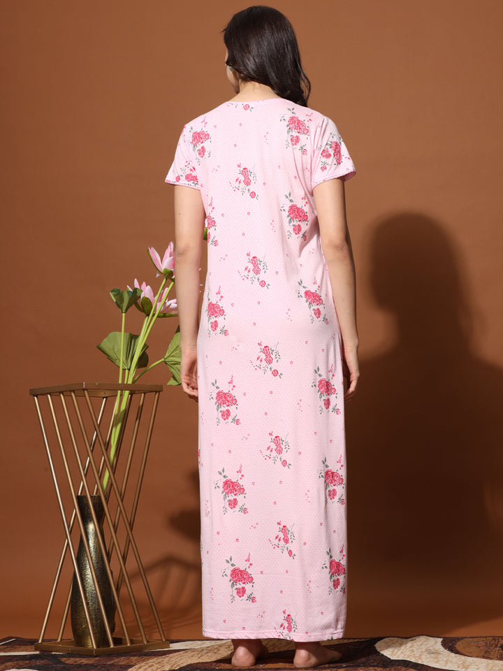 Rose Pink Cotton Blend Front Open Nighty for Women