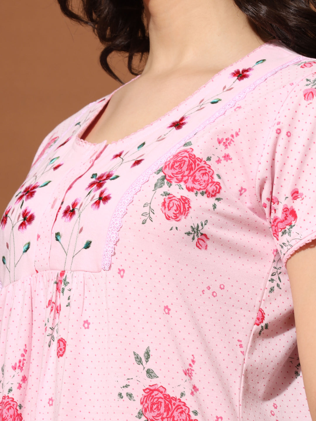 Rose Pink Cotton Blend Front Open Nighty for Women