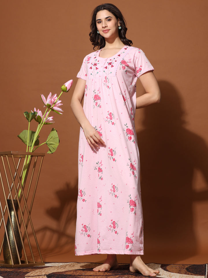 Rose Pink Cotton Blend Front Open Nighty for Women