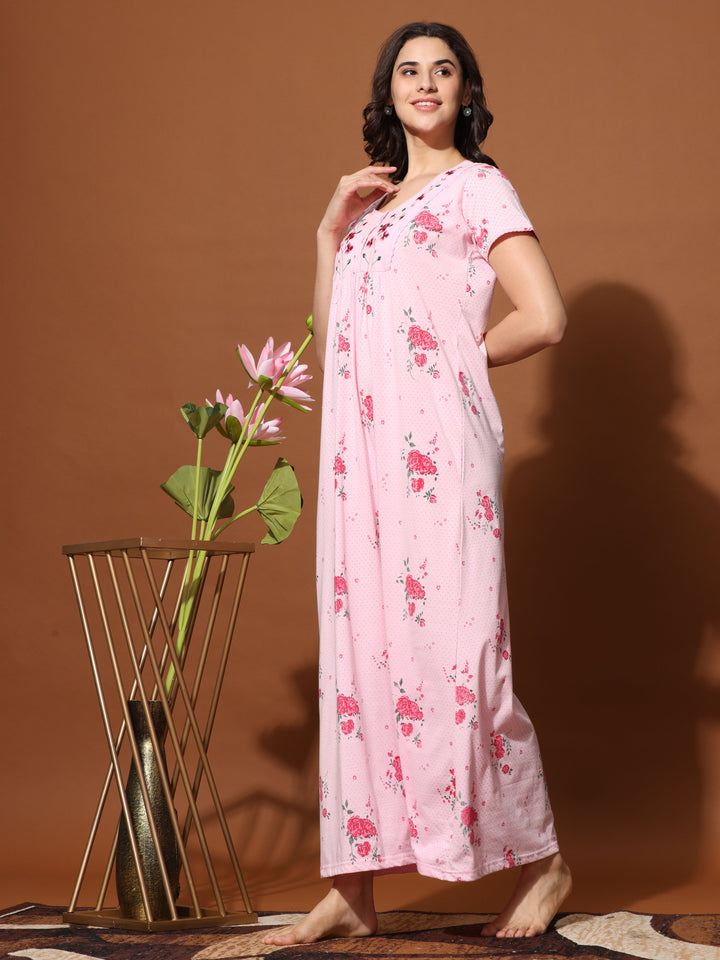 Rose Pink Cotton Blend Front Open Nighty for Women