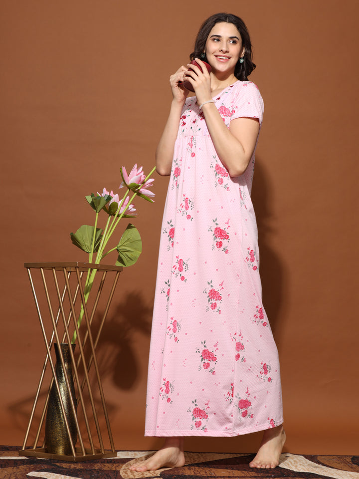 Rose Pink Cotton Blend Front Open Nighty for Women