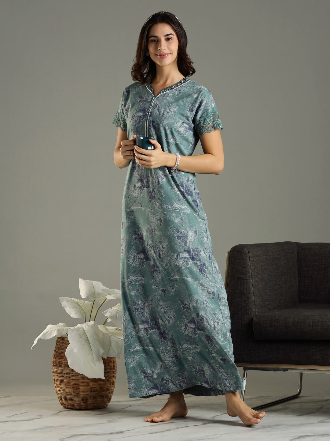 Hosiery Cotton Sea Green Nighty For Women with Pocket