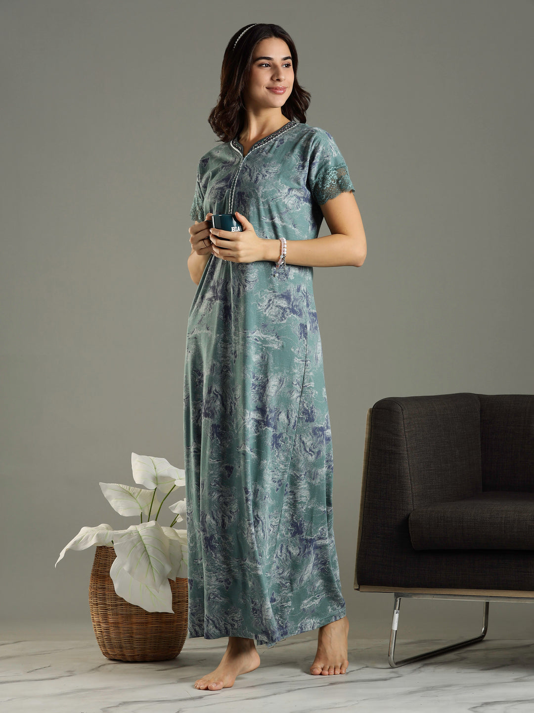 Hosiery Cotton Sea Green Nighty For Women with Pocket