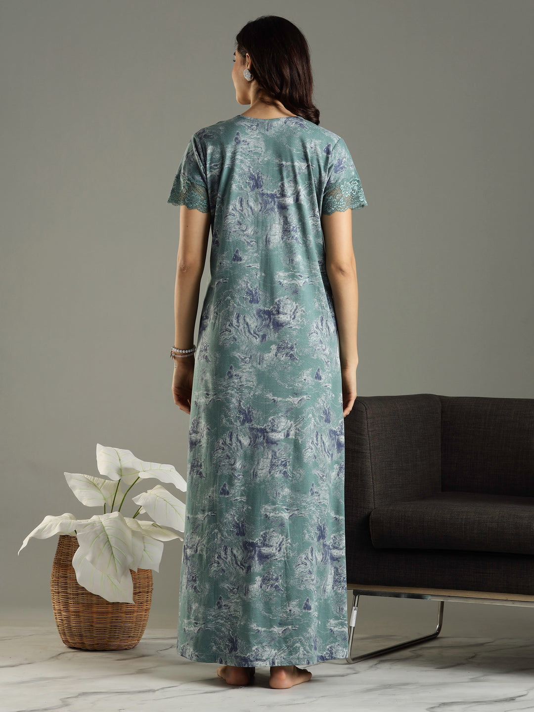 Hosiery Cotton Sea Green Nighty For Women with Pocket