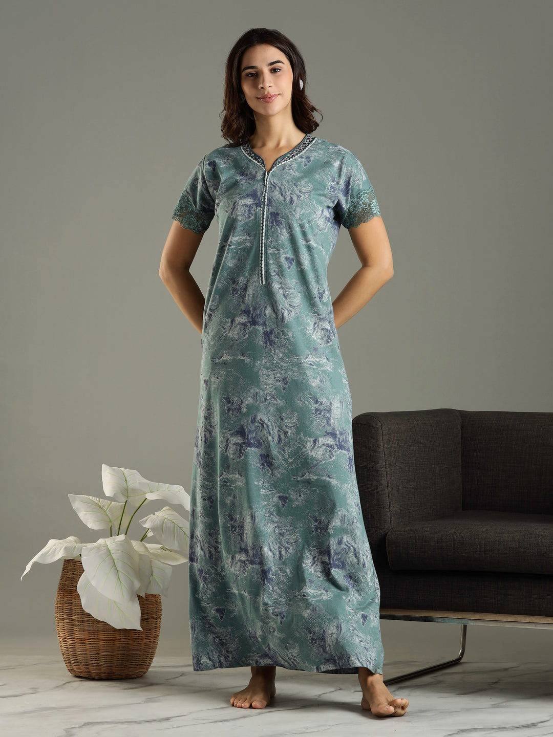 Hosiery Cotton Sea Green Nighty For Women with Pocket