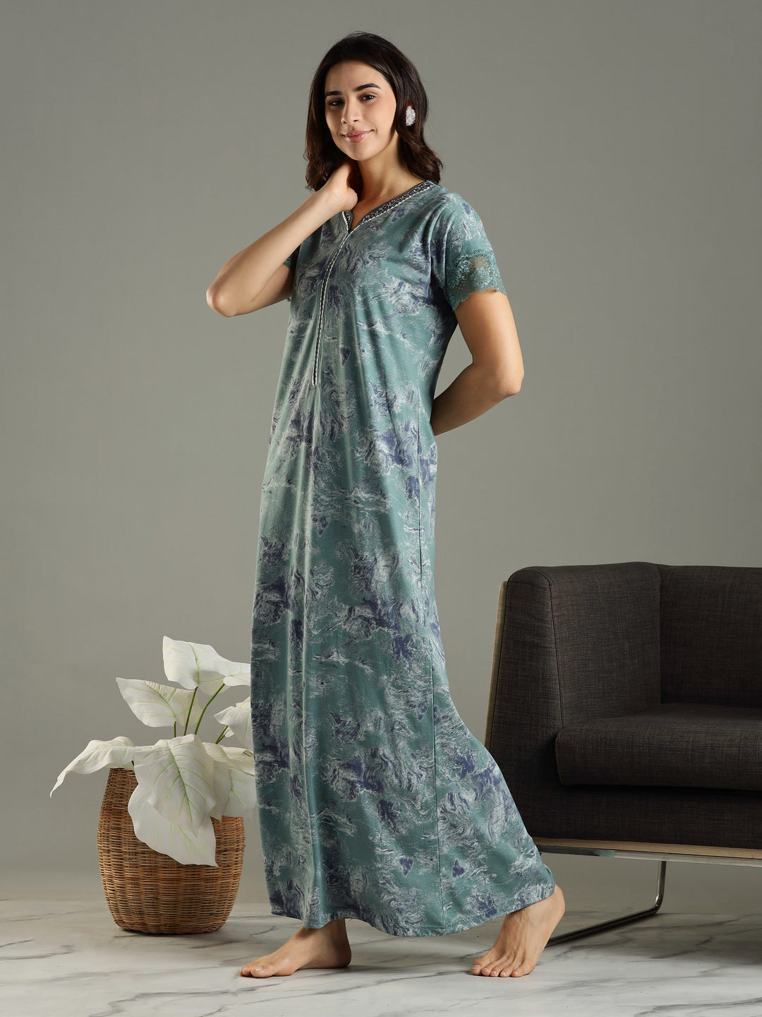 Hosiery Cotton Sea Green Nighty For Women with Pocket