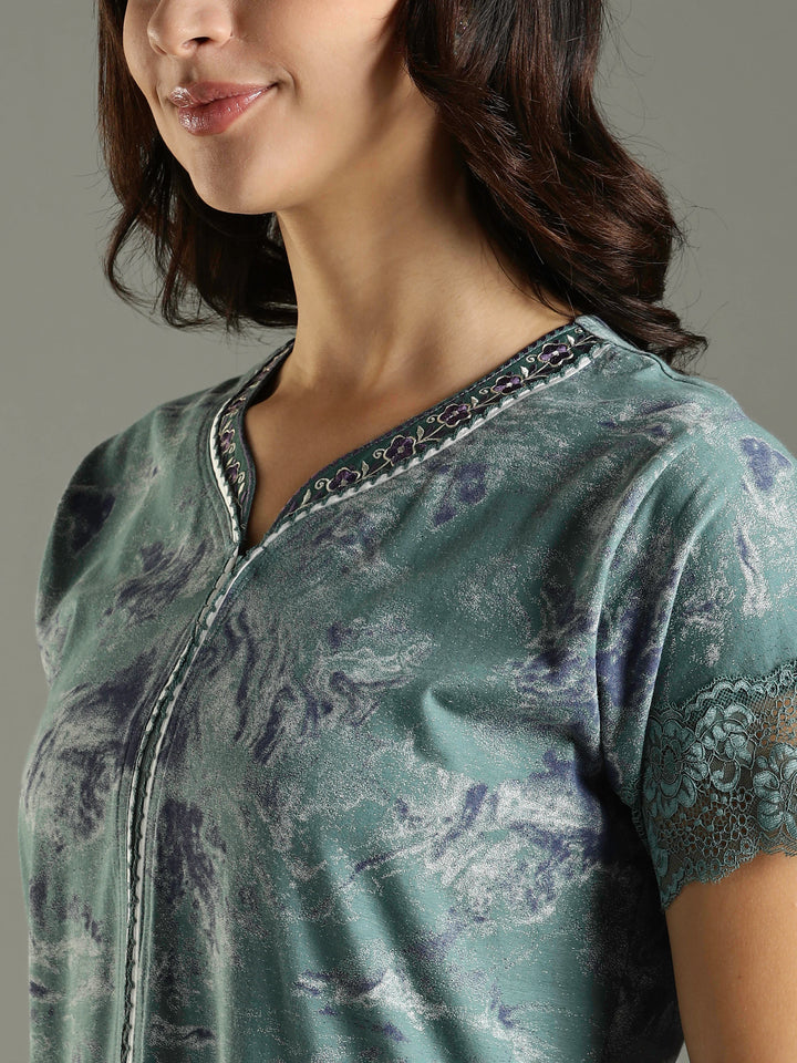 Hosiery Cotton Sea Green Nighty For Women with Pocket