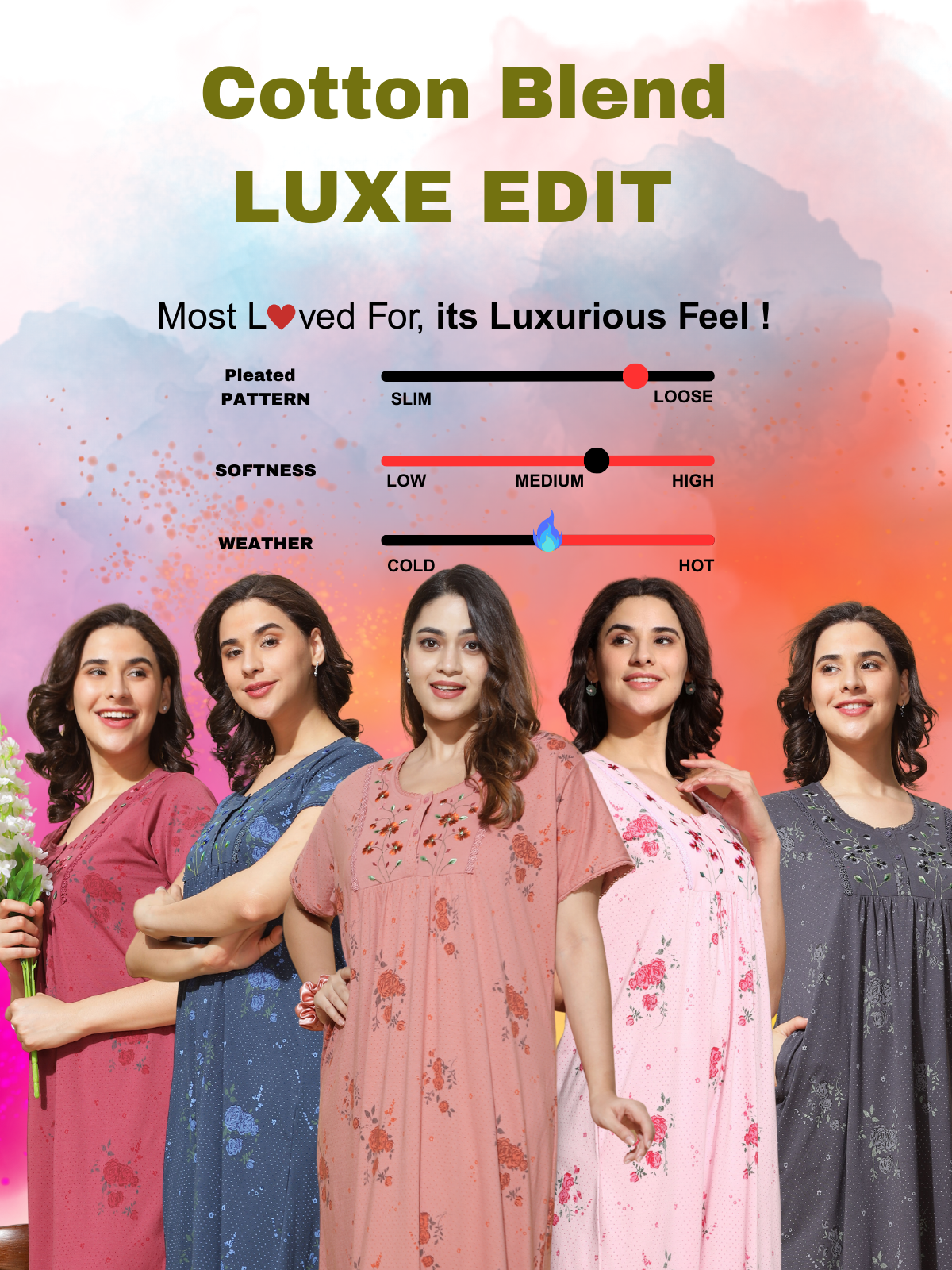 Premium cotton blend nightwear for women with loose pleated fit and floral prints suitable for hot summer nights