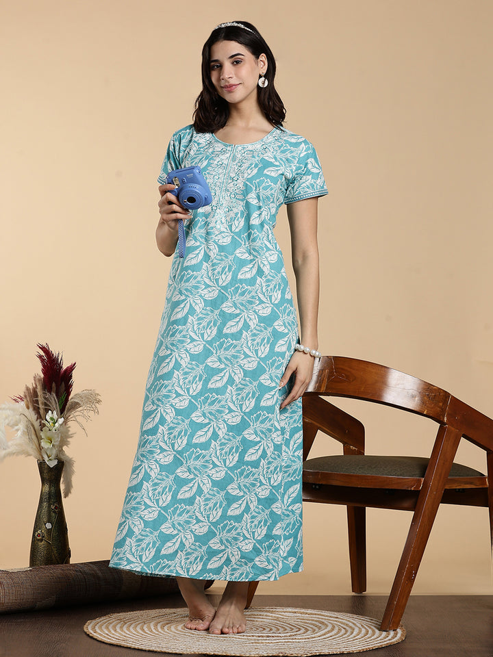 Embroidered Sky Blue Jaipuri Pure Cotton Nighty for Women