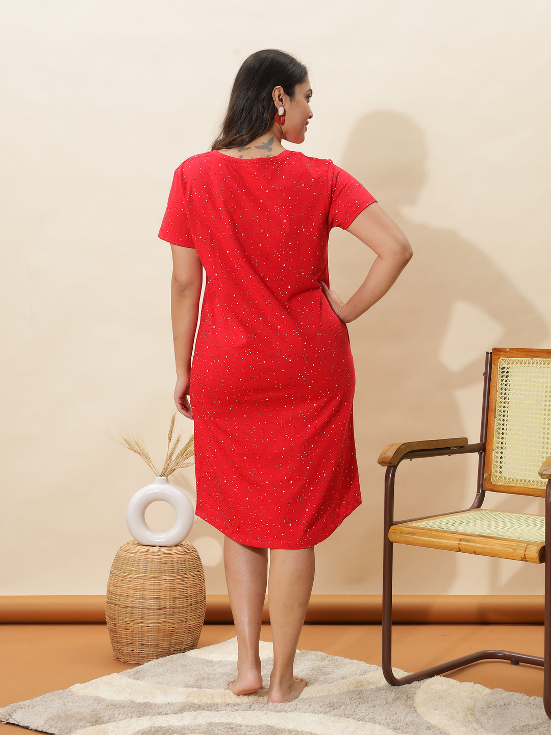 Trendy Solid Red Cotton Plus Size Short Nighty for Women