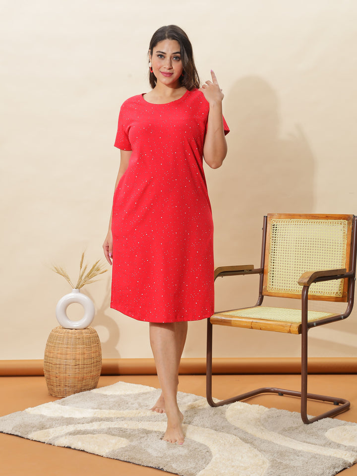 Trendy Solid Red Cotton Plus Size Short Nighty for Women