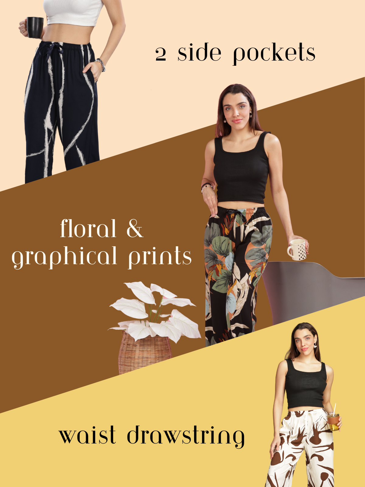 Women showcasing rayon palazzo pants featuring side pockets, floral and graphical prints, and adjustable waist drawstrings, displayed against a color-blocked background.