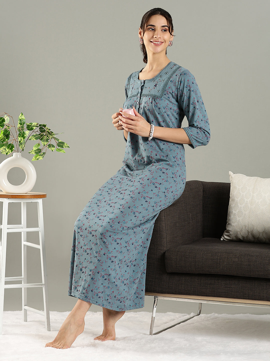 Smoky Teal Cotton Blend Embroidered Nighty For Women