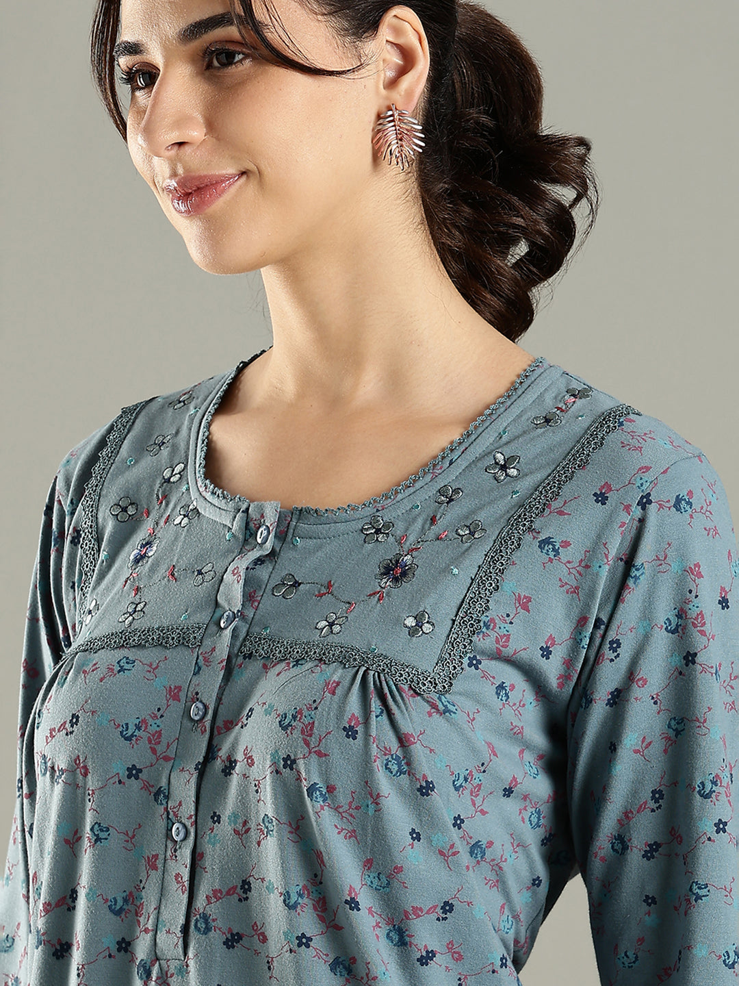 Smoky Teal Cotton Blend Embroidered Nighty For Women