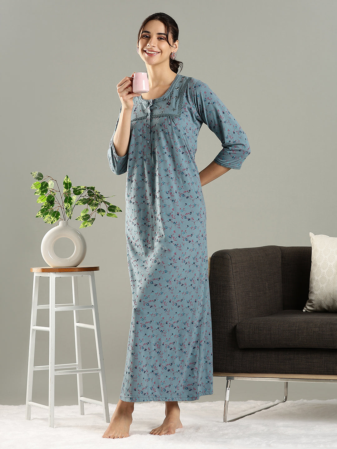 Smoky Teal Cotton Blend Embroidered Nighty For Women