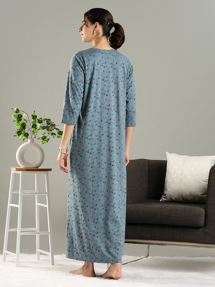 Smoky Teal Cotton Blend Embroidered Nighty For Women