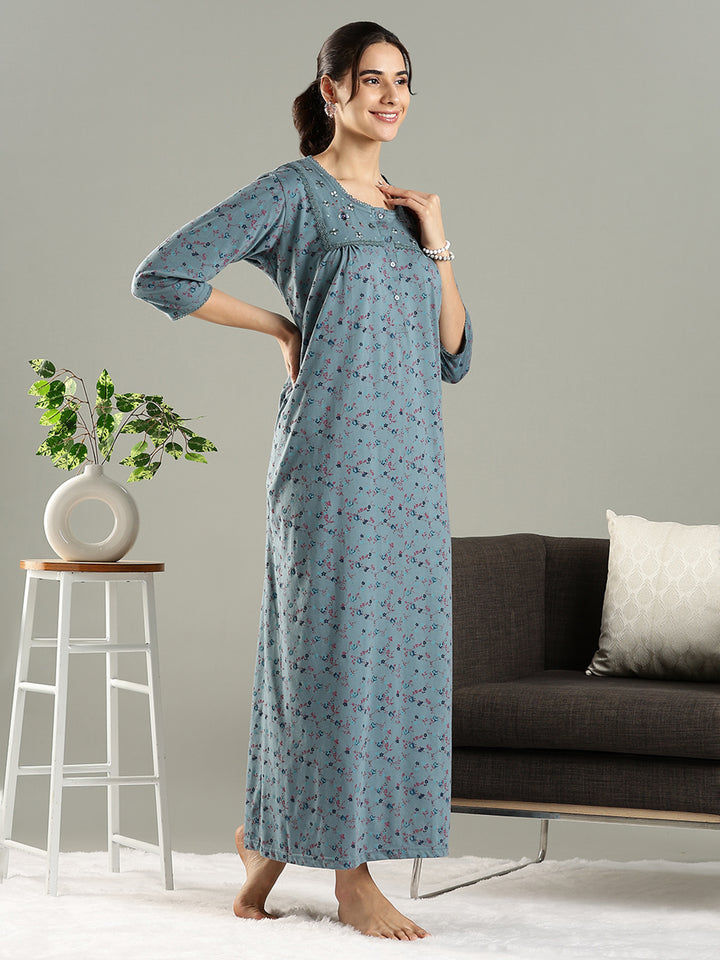 Smoky Teal Cotton Blend Embroidered Nighty For Women