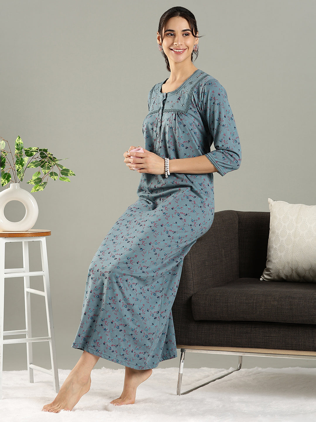 Smoky Teal Cotton Blend Embroidered Nighty For Women