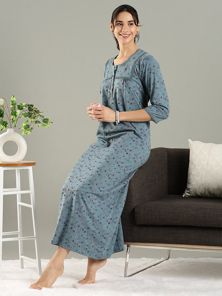 Smoky Teal Cotton Blend Embroidered Nighty For Women