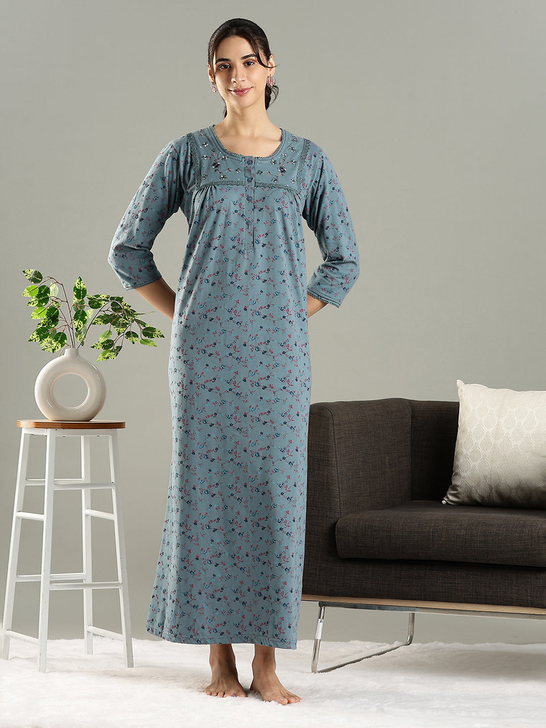 Smoky Teal Cotton Blend Embroidered Nighty For Women